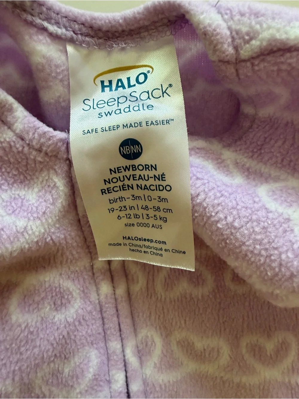 Halo Newborn 0-3 Months Swaddle Micro-Fleece TOG 3.0 Purple, White Hearts 💟